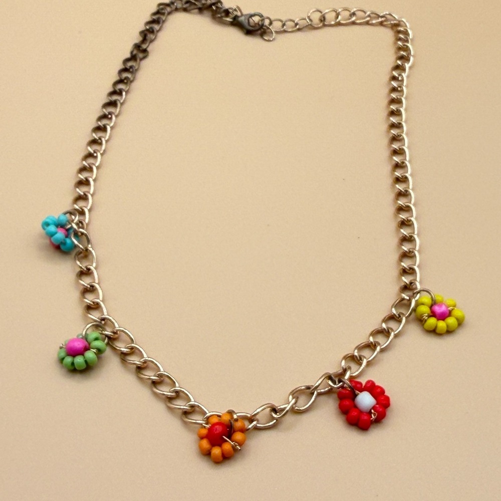 Colorful Beaded Flower Charm Necklace Gold Tone Y2K Boho Cottagecore Statement